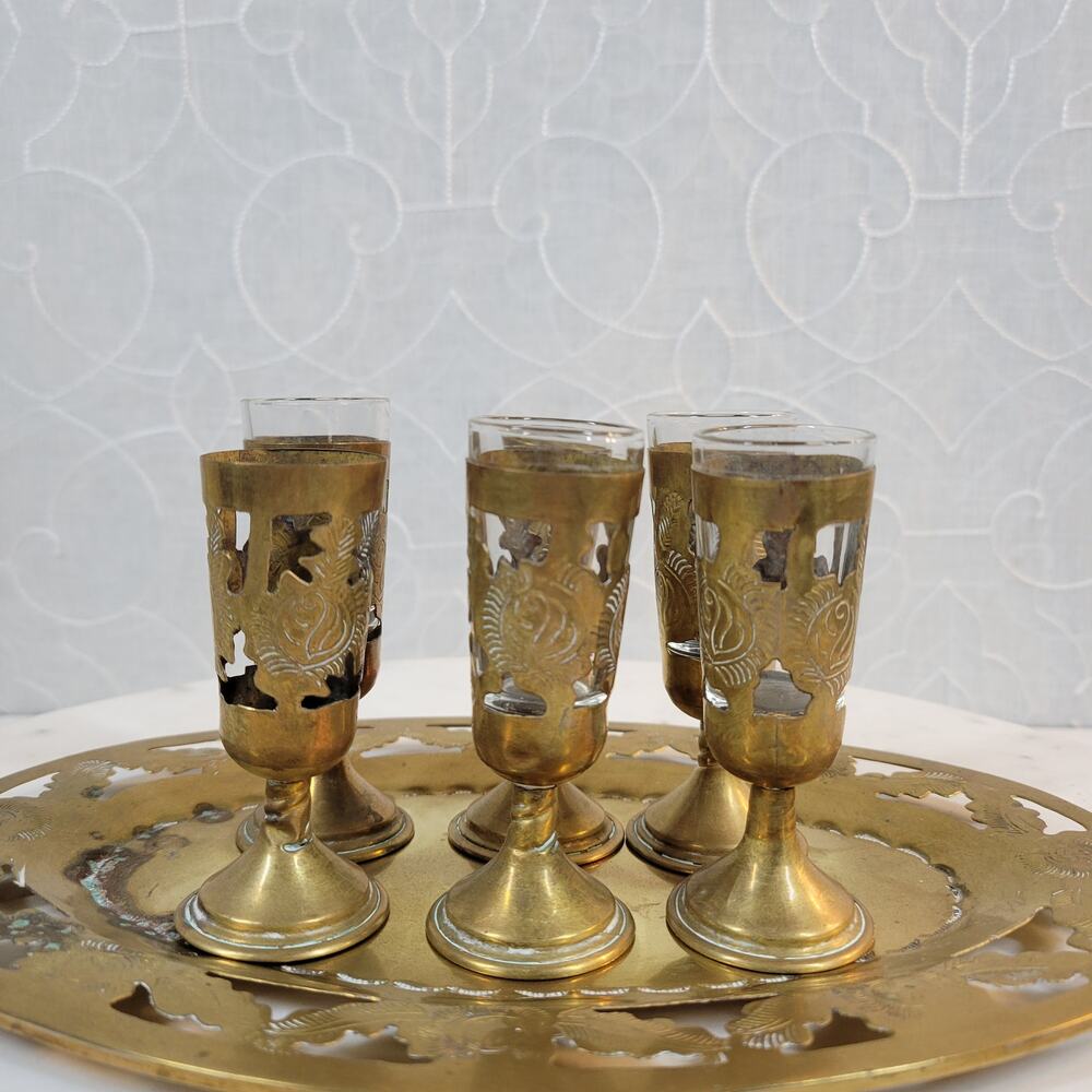 Vintage Mexican Cordial Set Brass Shot GlassesTray Embossed Overlayed Stamped